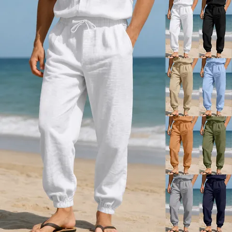 Men's Casual Linen Blend Jogger Pants Breathable Elastic Drawstring Waist Summer Beach Loose Sweatpants Pockets Ankle Cuffs Bottoms