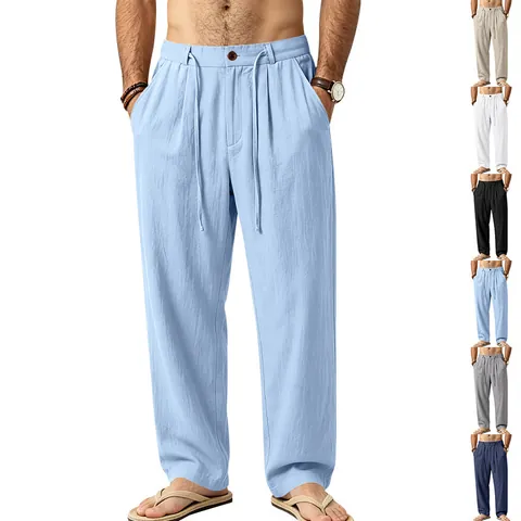 Men Casual Linen Straight Leg Trousers Loose Fit Drawstring Elastic Waist Lightweight Breathable Summer Pants Solid Color Fashion Chinos
