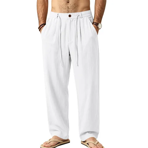 Men Casual Linen Straight Leg Trousers Loose Fit Drawstring Elastic Waist Lightweight Breathable Summer Pants Solid Color Fashion Chinos
