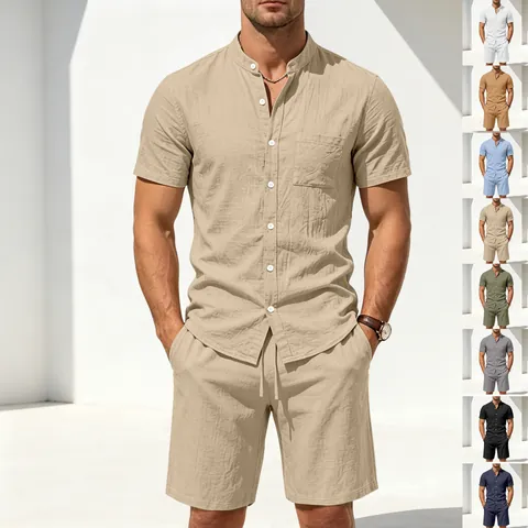Herren Casual Leinenmischung Outfit Henley-Ausschnitt Kurzarm Hemd Und Shorts Top Und Bottom Atmungsaktive Sommer Strandbekleidung