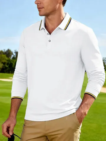 Men's American Golf Polo Shirt Long Sleeve Striped Trim Breathable Casual Sport Top Embroidered Polo For Men Everyday Wear