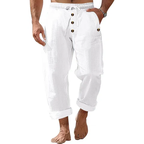 Men's Casual Linen Beach Pants Solid Color Loose Drawstring Button Trousers Summer Fashion Lightweight Breathable Bottom