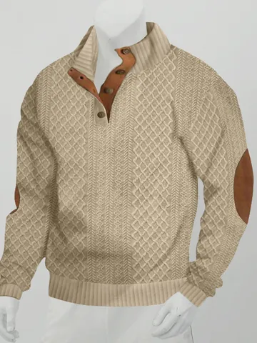 Men Vintage Cable Knit Sweatshirt Stand Collar Button Long Sleeve Top With Elbow Patches Casual Warm Autumn Winter Sweatshirt