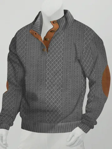 Men Vintage Cable Knit Sweatshirt Stand Collar Button Long Sleeve Top With Elbow Patches Casual Warm Autumn Winter Sweatshirt