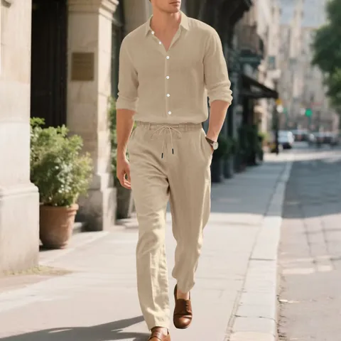 Men's Casual Linen Long Sleeve Button Up Shirt And Drawstring Pants Top And Bottom Breathable Solid Color Lightweight Outfit