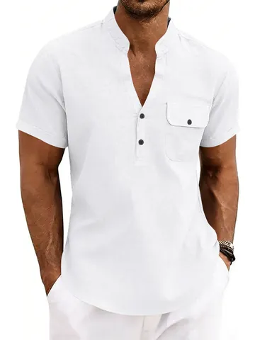 Men Casual Linen Blend Henley Shirt Short Sleeve Mandarin Collar Summer Top Lightweight Breathable Loose Fit Plain Shirt