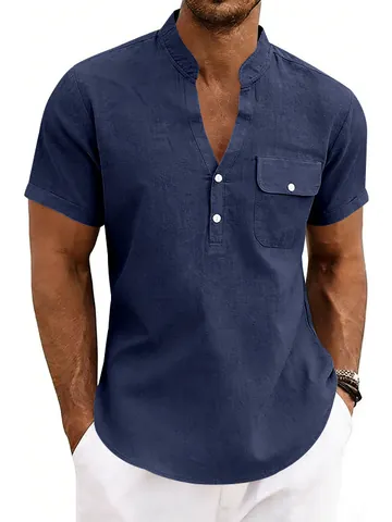 Men Casual Linen Blend Henley Shirt Short Sleeve Mandarin Collar Summer Top Lightweight Breathable Loose Fit Plain Shirt
