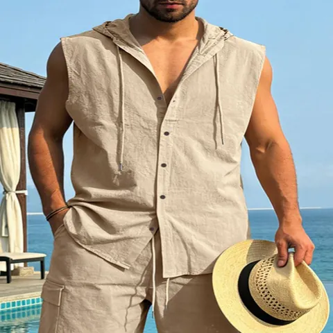 Men Casual Linen Hooded Sleeveless Shirt Breathable Button Down Vest Top For Summer Beach Vacation Relaxed Fashion Waistcoat