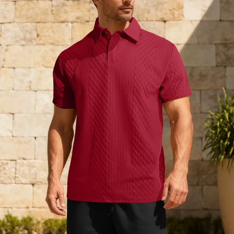 Men's Summer Casual Jacquard Ribbed Texture Polo Shirt Short Sleeve Breathable Solid Color Top Fashion Loose Fit Polo For Men