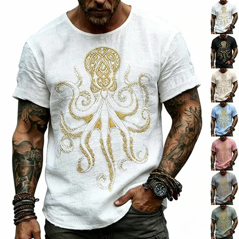 Maglietta da Uomo Estiva Casual Effetto Lino Slub Girocollo Manica Corta Stampa Polpo in Foglia d'Oro Top Poliestere