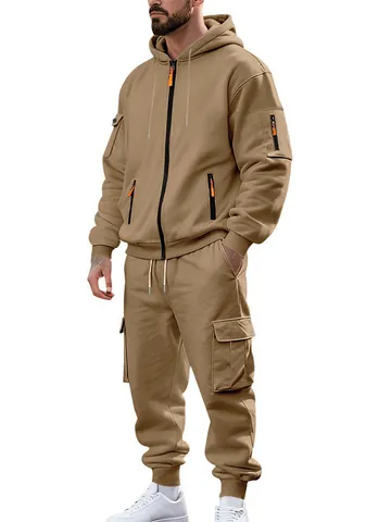 Men's Winter Fleece Tracksuit Hooded Zipper Jacket And Cargo Sweatpants Top And Bottom Casual Sporty Warm Knitted Sportswear