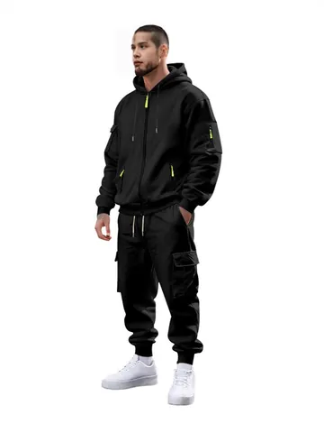 Men's Winter Fleece Tracksuit Hooded Zipper Jacket And Cargo Sweatpants Top And Bottom Casual Sporty Warm Knitted Sportswear
