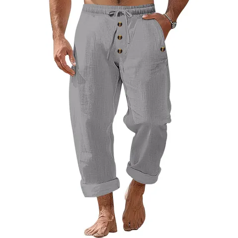 Men's Casual Linen Beach Pants Solid Color Loose Drawstring Button Trousers Summer Fashion Lightweight Breathable Bottom