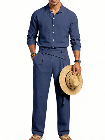 Heren Linnen Casual Tweedelige Set Losse Shirt met Lange Mouwen en Revers en Broek met Diagonale Riem Vakantiestijl