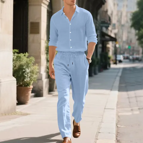 Men's Casual Linen Long Sleeve Button Up Shirt And Drawstring Pants Top And Bottom Breathable Solid Color Lightweight Outfit