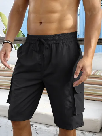 Men Casual Cargo Shorts Relaxed Fit Multi-Pocket Tactical Work Shorts With Drawstring Elastic Waist Polyester Beach Bottoms
