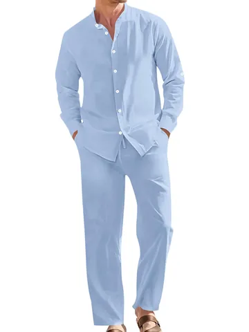 Herren Casual Leinenmischung Anzug Set Amerikanisch Locker Stehkragen Langarmhemd und Gerade Hose Sommer Strandbekleidung