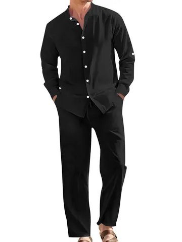 Herren Casual Leinenmischung Anzug Set Amerikanisch Locker Stehkragen Langarmhemd und Gerade Hose Sommer Strandbekleidung