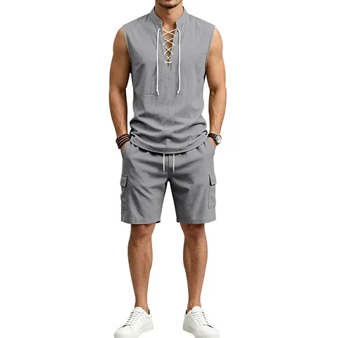 Lässiger Leinenmischung Herren Anzug Ärmelloses Hemd Mit Bindekragen Und Cargo-Shorts Top And Bottom Für Den Sommer