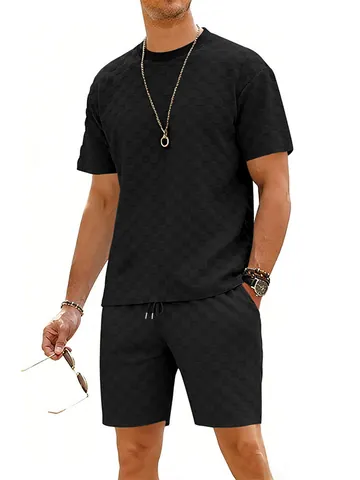 Men Casual Checkered Waffle Knit Short Sleeve Top And Bottom Tracksuit Summer Loose Fit Men Sportswear Clothing