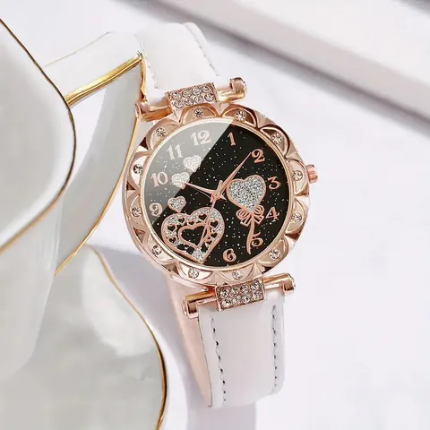 Luxury Women Heart Rhinestone Watch Necklace Bracelet Earrings Ring Set Starry Sky Dial Plastic Faux Leather Alloy Jewelry Accessories