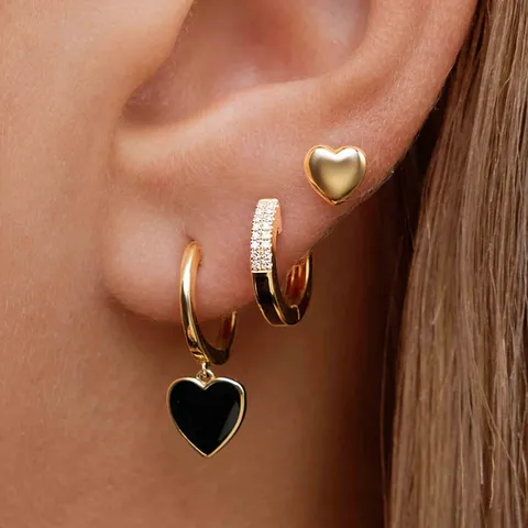 Fashion Heart Earrings Copper Gold Plated Zircon Black Enamel Dangle Stud Hoop For Women