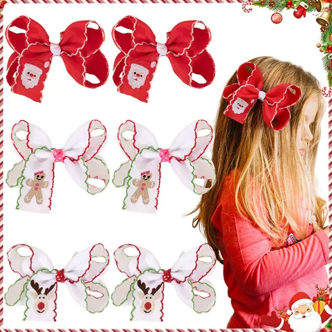 Weihnachten Kinder Bestickt Schleife Haarklammern Weihnachtsmann Rentier Stoff Gekettelt Haarnadeln Feiertag Haarschmuck