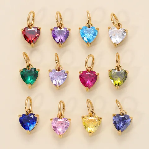 Stainless Steel Heart Birthstone Pendant Manual Inlaid Zirconia Colorful Heart Charm DIY Jewelry Findings Accessory For Necklace Bracelet Making