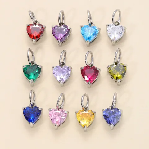 Stainless Steel Heart Birthstone Pendant Manual Inlaid Zirconia Colorful Heart Charm DIY Jewelry Findings Accessory For Necklace Bracelet Making