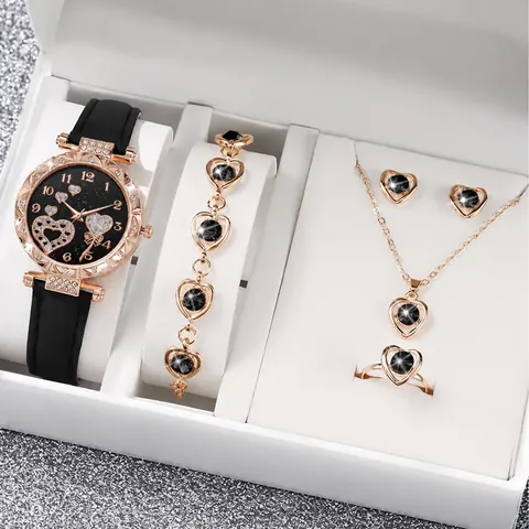Luxury Women Heart Rhinestone Watch Necklace Bracelet Earrings Ring Set Starry Sky Dial Plastic Faux Leather Alloy Jewelry Accessories