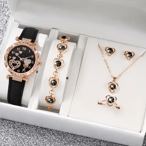 Luxury Women Heart Rhinestone Watch Necklace Bracelet Earrings Ring Set Starry Sky Dial Plastic Faux Leather Alloy Jewelry Accessories