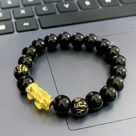Ethnic Style Glass Imitation Obsidian Bracelet With Gold PiXiu Pendant And Six Syllable Mantra Beads For Wealth Luck Protection Jewelry