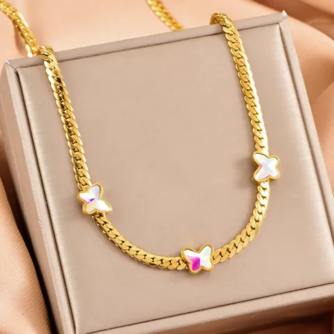 Koreanische Mode Edelstahl Irisierende Schmetterling Blume Herz Quadrat Anhänger Halskette Gold Breite Schlangenknochen Kette Schmuck