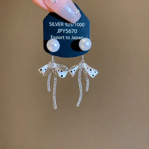 Süße Pünktchen Schleife Künstliche Perle Ohrhänger Elegante Strass Quaste Ohrringe Vintage Hongkong-Stil Ohrringe Für Damen Schmuck