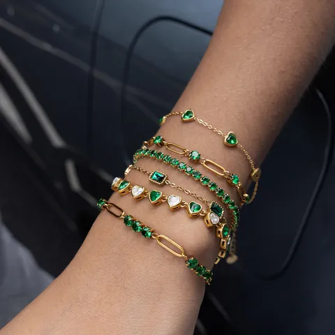 18K Gold Plated Stainless Steel Rhinestone Bracelet For Women Green White Heart Round Rectangle Gemstone Jewelry Bangle Hand Chain