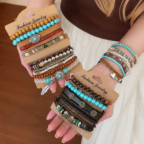 Bohemian Ethnic Multilayer Wood Bead Bracelet Set For Women Retro Alloy Butterfly Feather Charms Woven Leather Jewelry