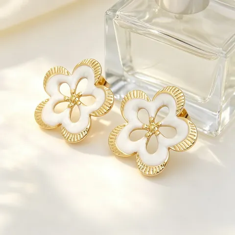 Pendientes de Botón Vintage de Acero Inoxidable Esmaltados con Forma de Flor Hueca Joyas Florales Chapadas en Oro con Strass