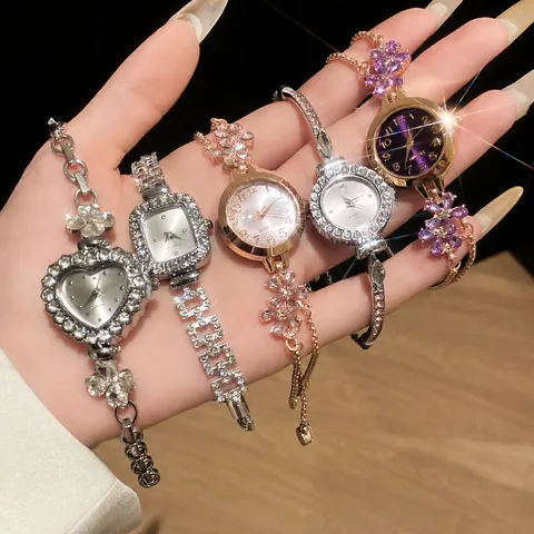 Women Fashion Rhinestone Quartz Bracelet Watch Luxury Adjustable Round Heart Square Dial Alloy Hand Jewelry For Elegant Ladies