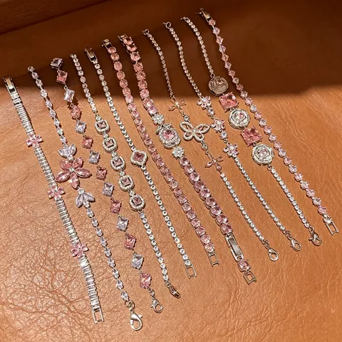 French Light Luxury Copper Zirconia Heart Floral Bracelet For Women Minimalist Niche Design Pink White Gemstone Inlaid Tennis Bracelet Jewelry Gift
