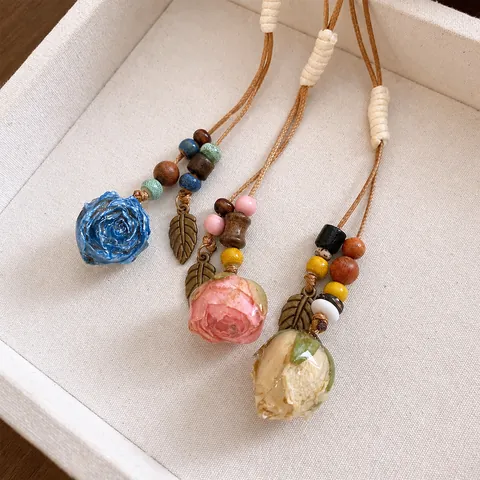 Mori Style Leather Cord Necklace With Eternal Flower Ceramic Rose Pendant Wood Beads Bronze Leaf Sweet Sweater Chain For Women