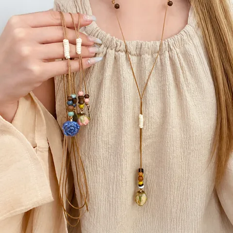 Mori Style Leather Cord Necklace With Eternal Flower Ceramic Rose Pendant Wood Beads Bronze Leaf Sweet Sweater Chain For Women