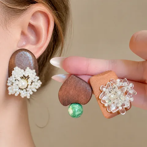 Handmade Ethnic Style Wooden Stud Earrings For Women Vintage Wood Artificial Pearl Glass Flower Heart Shape Jewelry Earrings