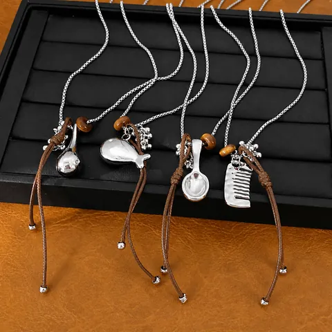 Vintage Boho Long Sweater Chain Necklace Alloy Resin Comb Spoon Fish Pendant Jewelry Leather Rope Adjustable Necklace Gift