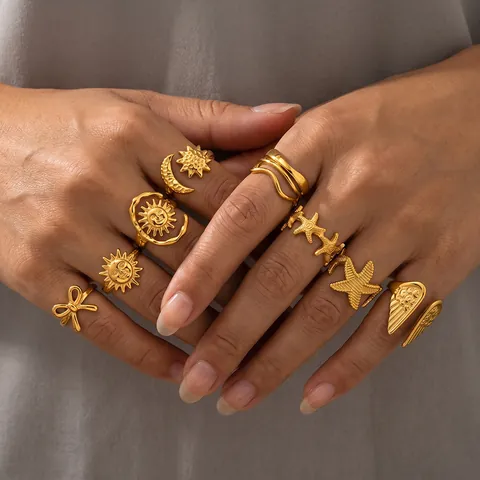Gold Stainless Steel Geometric Irregular Open Rings For Women Niche Design Flower Sun Moon Adjustable Fashion Jewelry Ring