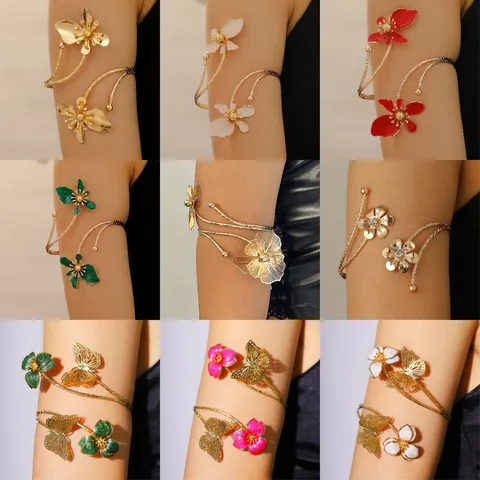 Fashion Hollow Metal Flower Butterfly Arm Cuff For Women Gold Silver Rhinestone Enamel Armlet Open Adjustable Bangle Jewelry