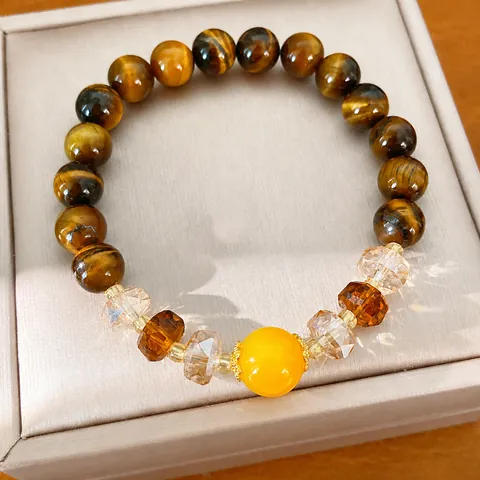 Vintage Tiger's Eye Beaded Bracelet For Women Handmade Maillard Style Brown Yellow Glass Round Stone Light Luxury Hand Jewelry