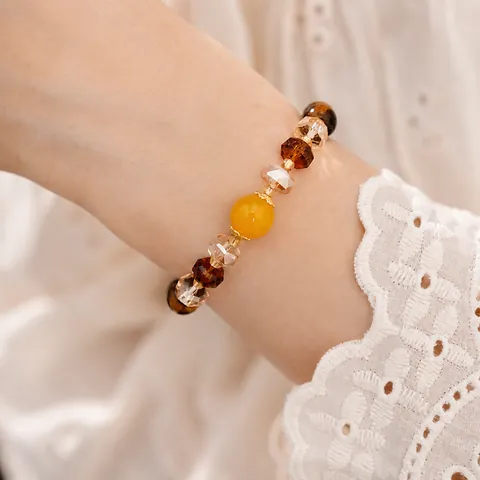 Vintage Tiger's Eye Beaded Bracelet For Women Handmade Maillard Style Brown Yellow Glass Round Stone Light Luxury Hand Jewelry