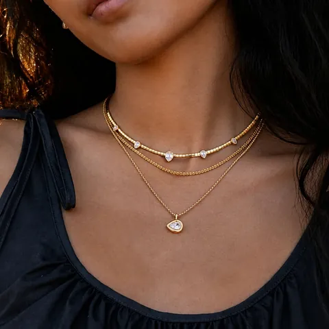18K Gold Plated Stainless Steel Zirconia Pendant Necklace For Women Light Luxury Water Drop Clavicle Chain Minimalist Jewelry