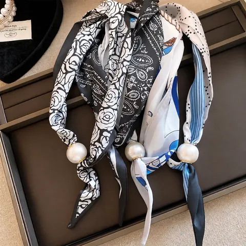 Franse Stijl Luxe Satijnen Zijden Sjaal Ketting Voor Vrouwen Met Kunstparel Hanger Magnetische Gesp Stropdas Sjaal Ketting Sieraden Cadeau
