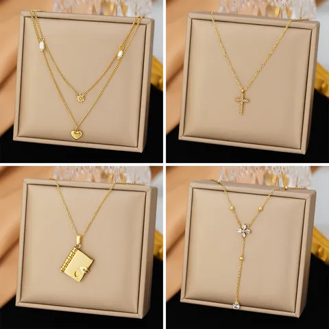 Stainless Steel Jewelry Set For Women Gold Plated Rhinestone Heart Cross Clover Pendant Necklace Bracelet Earrings Fashion Jewelry